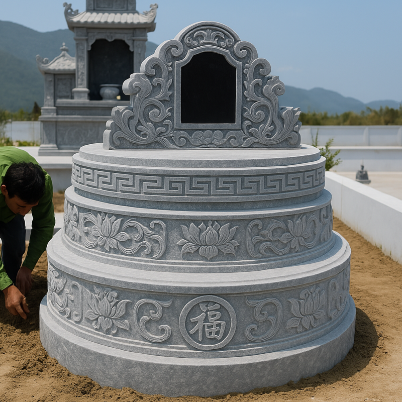 Mộ tròn bằng đá chạm hoa văn, kích thước tính theo đường kính