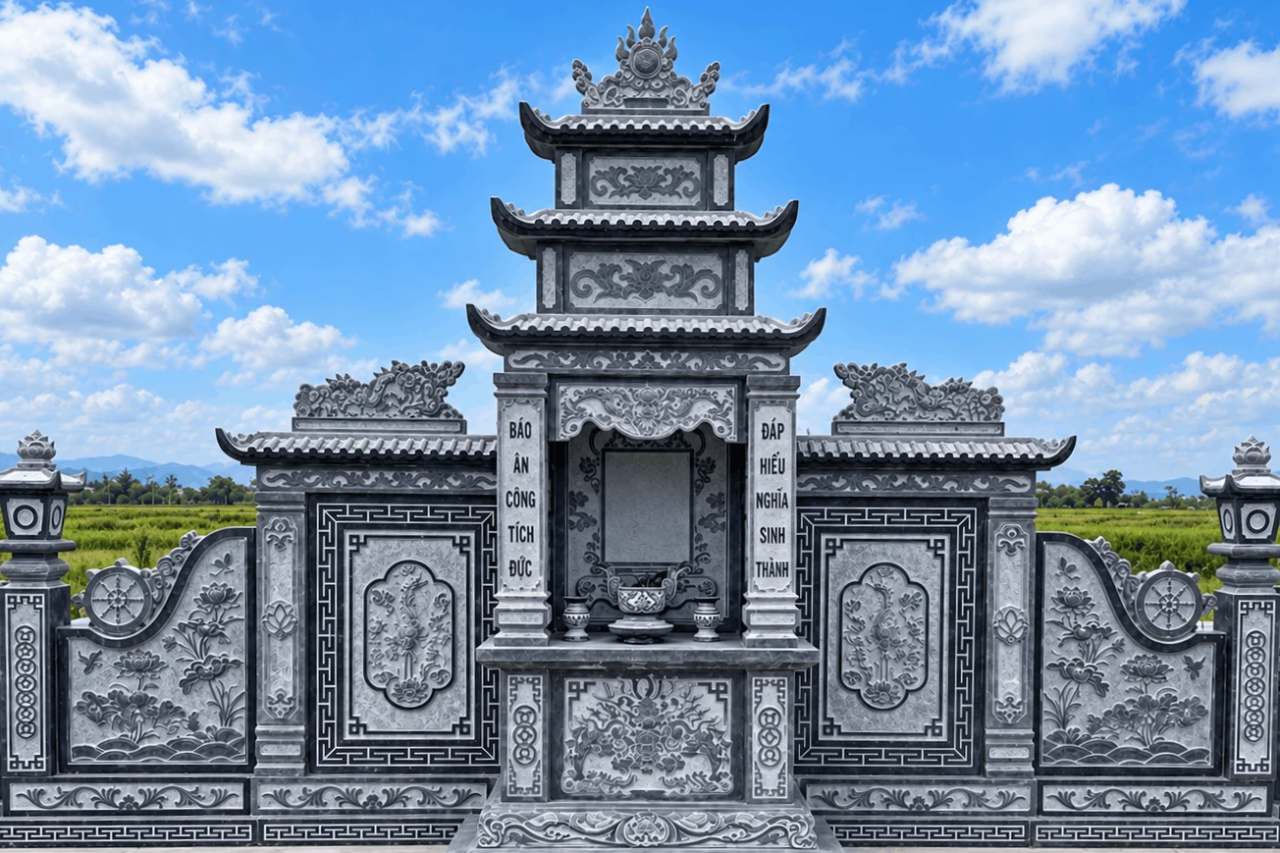 Lăng thờ đá xanh đen ba mái, hai cánh chạm hạc và hoa sen, câu đối Báo ân công tích đức – Đáp hiếu nghĩa sinh thành